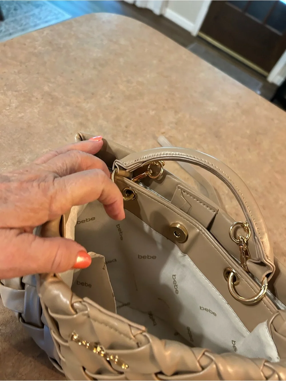 bebe Woven Satchel and Zip Wallet in Nude Beige with crossbody strap